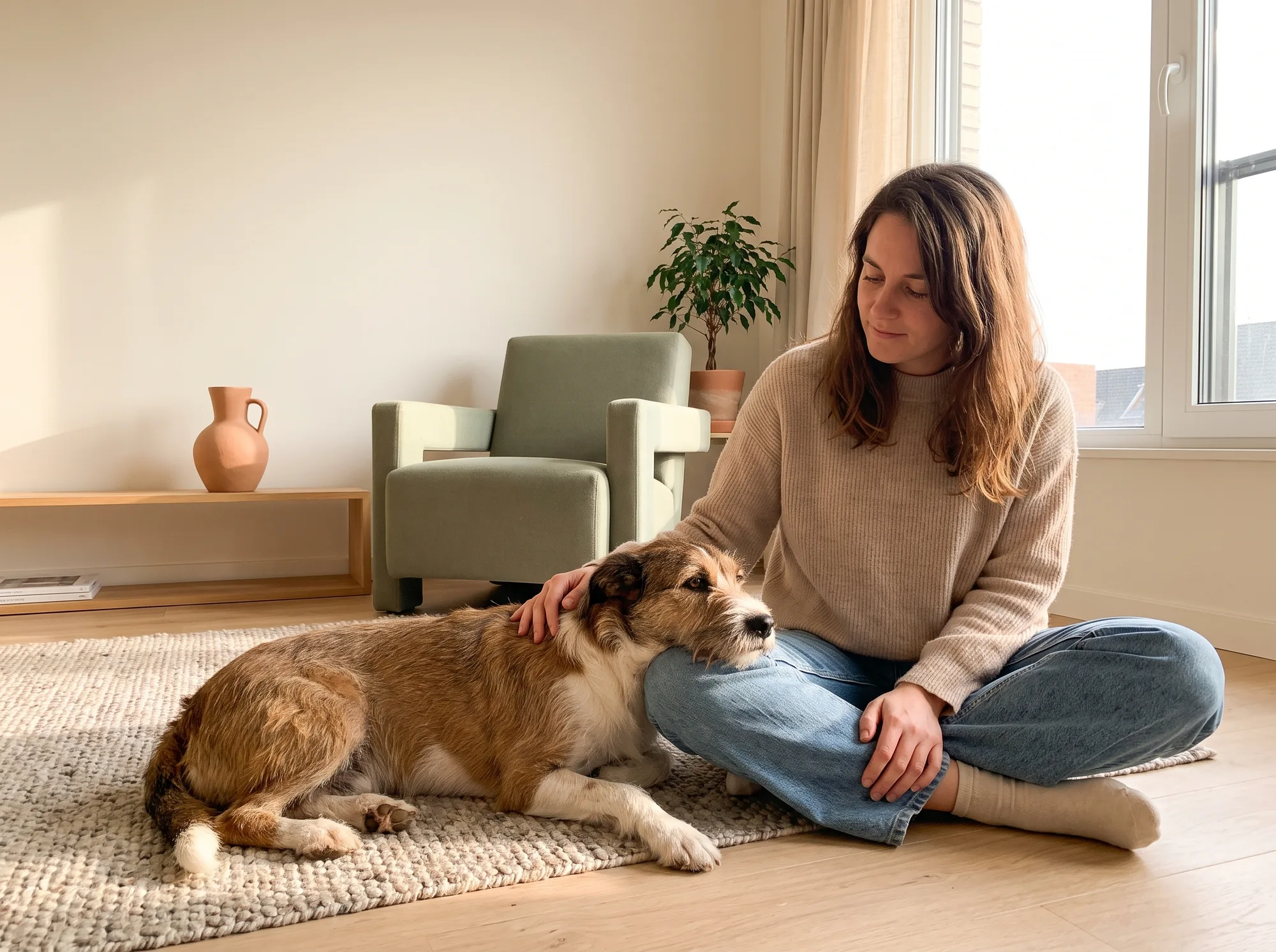 Woman sitting on a rug, petting a dog in a sunlit living room.